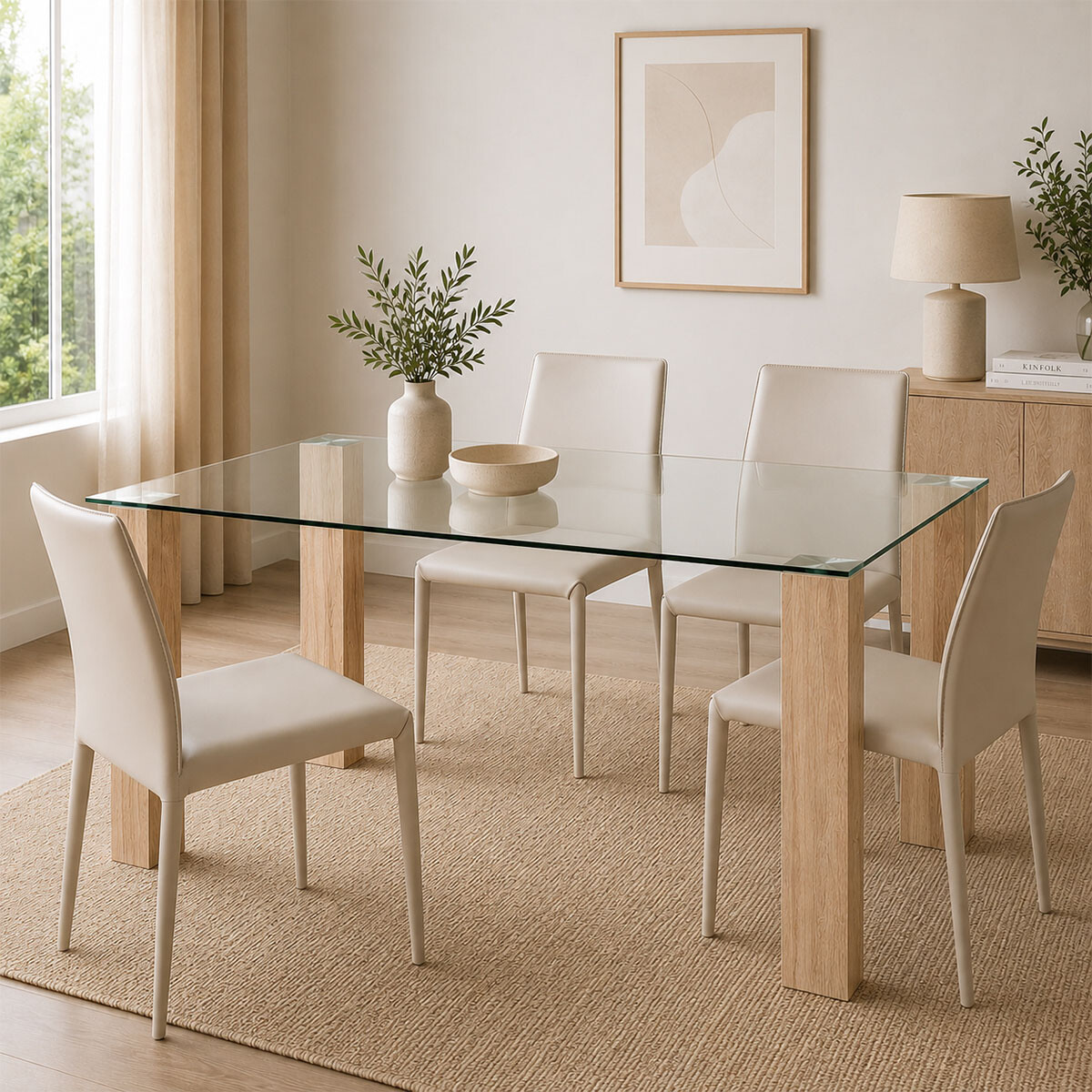 Juego De Comedor 4 Sillas Ecocuero Mesa De Vidrio - Beige 