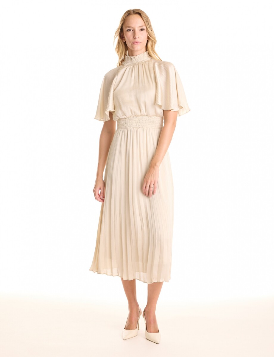 Vestido Noche Midi Plisado - Beige Claro 