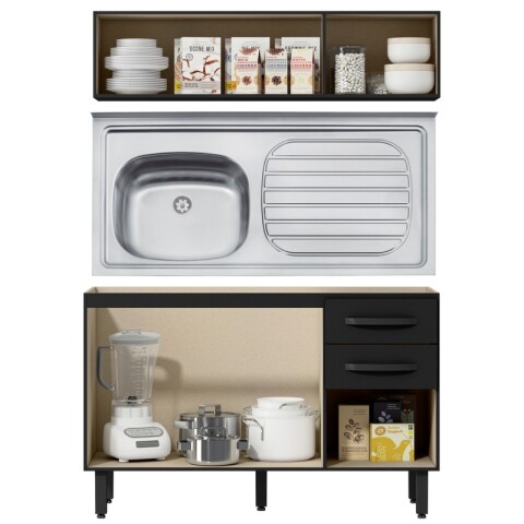 Kit de Cocina Bajo Mesada 3 Puertas y 2 Cajones con Pileta Izquierda Tramontina Acero Inox Y Areo 3 Puertas - Negro Kit de Cocina Bajo Mesada 3 Puertas y 2 Cajones con Pileta Izquierda Tramontina Acero Inox Y Areo 3 Puertas - Negro