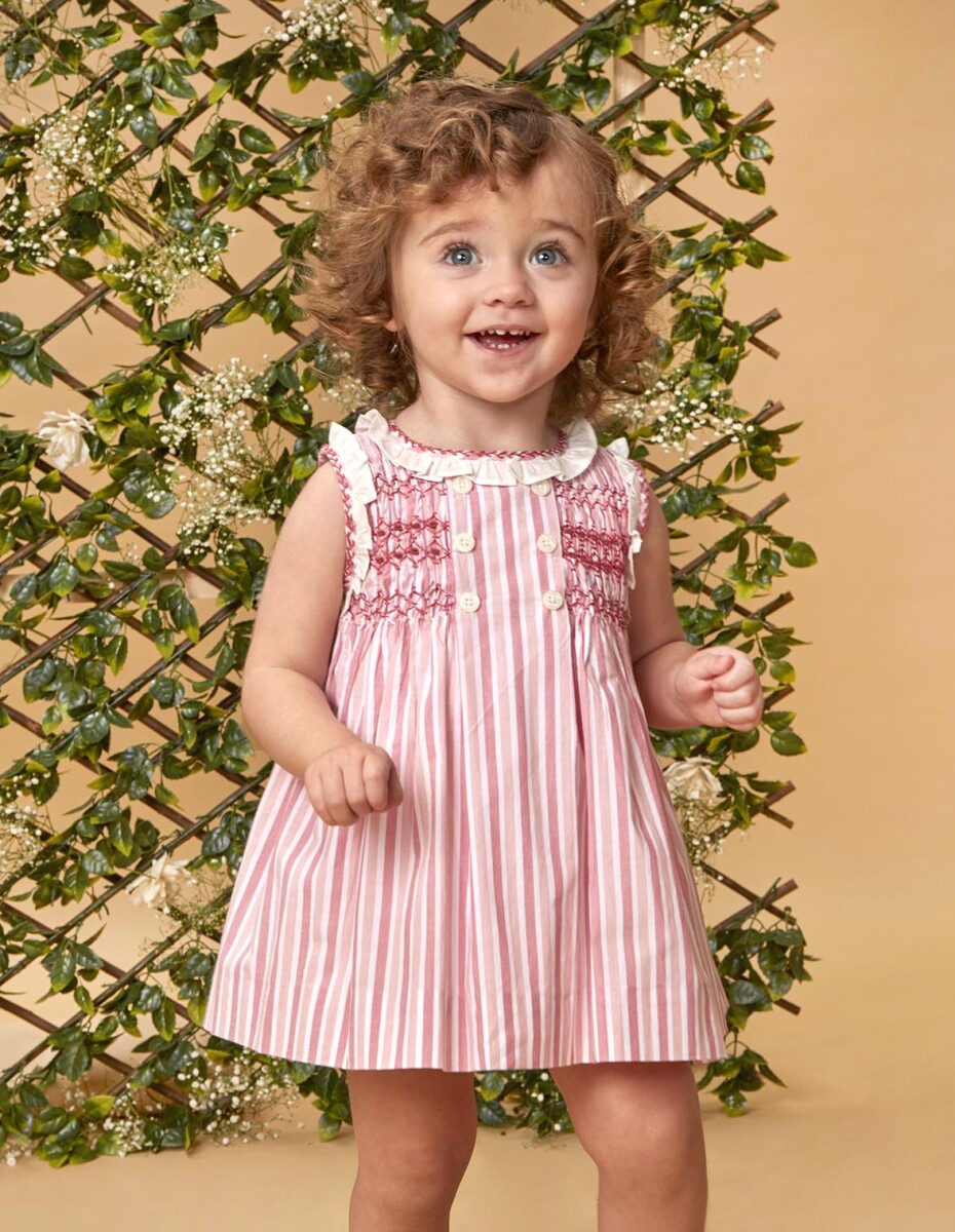 Vestido De Rayas Con Nido De Abeja Y Volante - Rosa 