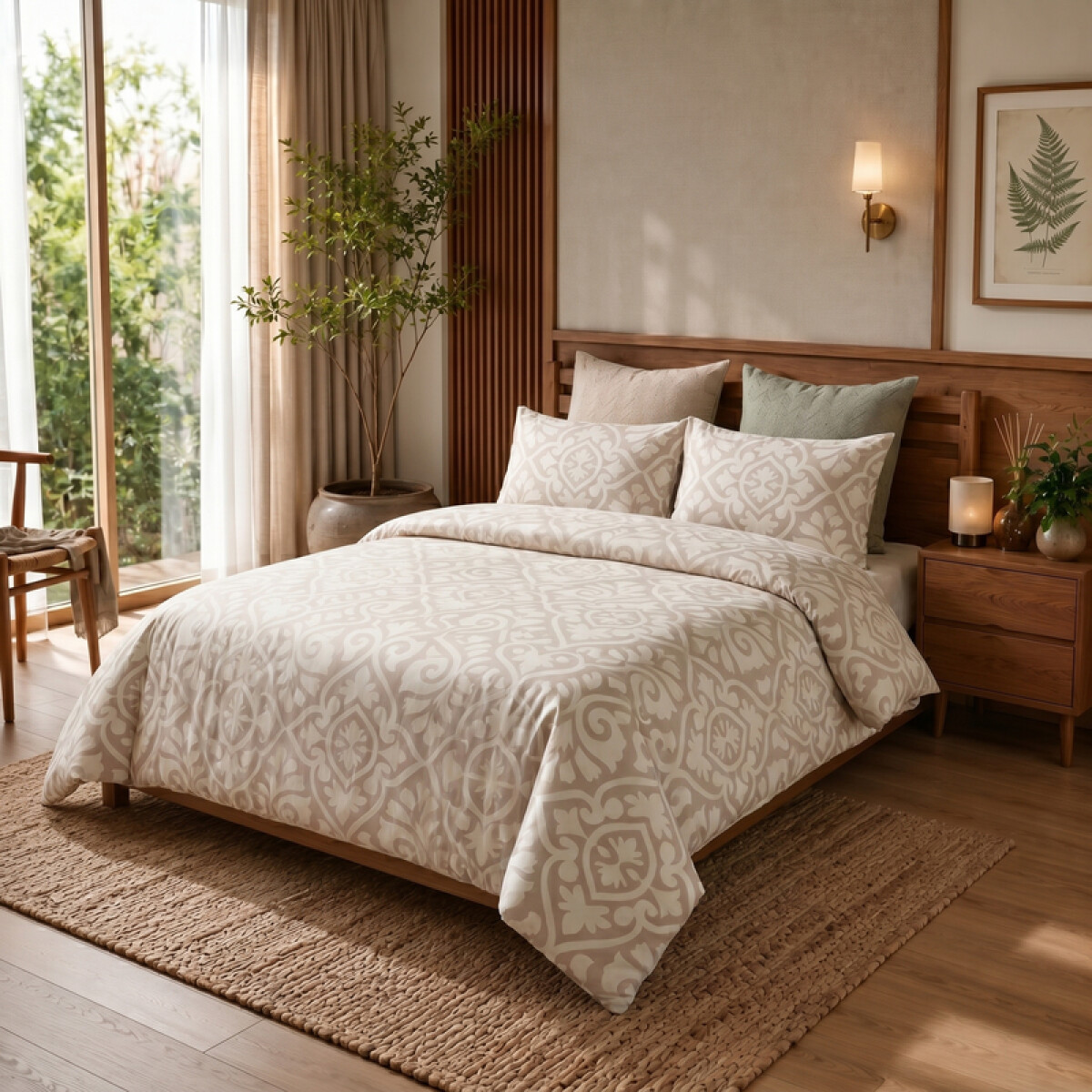 Juego De Sabanas 2 Plazas Toque Algodón Sommier Damasco Beige 