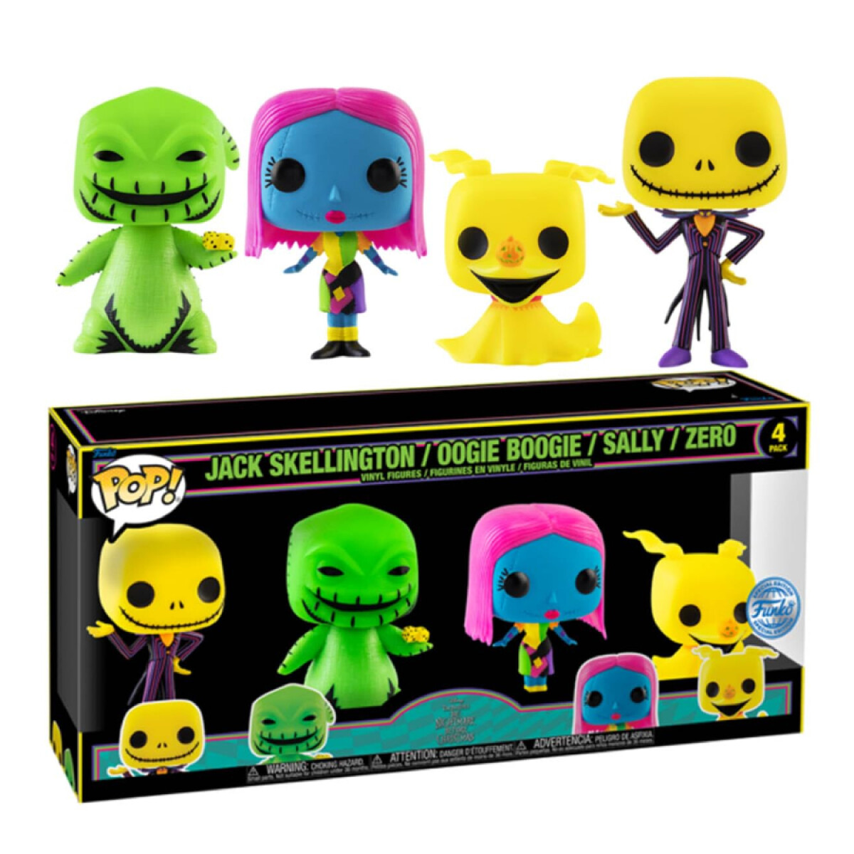 Pack x4 Jack Skellington + Oogie Boogie + Sally + Zero • Nightmare Before Christmas [Exclusivo - Black Light] 