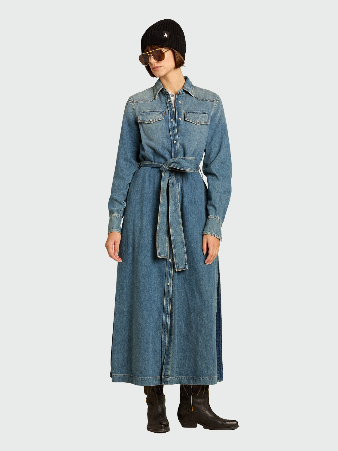 GOLDEN GOOSE - Vesitdo denim camisero con cinturón Azul