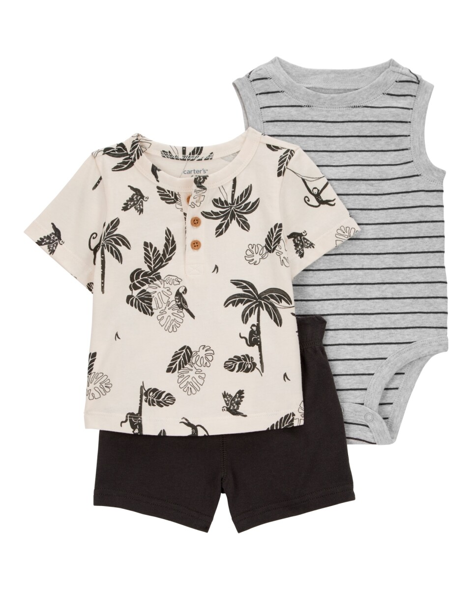 Set tres piezas de algodón, short, remera henley y body manga corta 