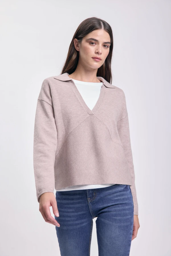 Buzo punto cuello polo Beige