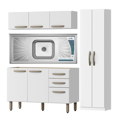 Combo de Cocina Bajo Mesada 3 Puertas + Pileta Reforzada con Hormigón + Aéreo 3 Puertas + Mueble Multiusos 2 Puertas - Blanco Combo de Cocina Bajo Mesada 3 Puertas + Pileta Reforzada con Hormigón + Aéreo 3 Puertas + Mueble Multiusos 2 Puertas - Blanco