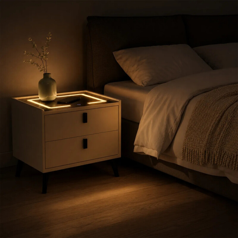 Mesa De Luz Inteligente C/Cargador Inalám Y Luz Led Blanco