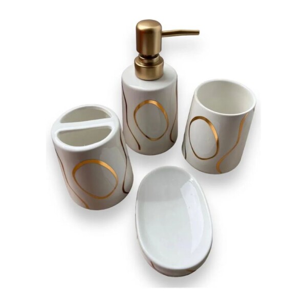 JUEGO DE ACCESORIO PARA BAÑO - CERAMICA 4 PIEZAS BLANCO/DORADO JUEGO DE ACCESORIO PARA BAÑO - CERAMICA 4 PIEZAS BLANCO/DORADO