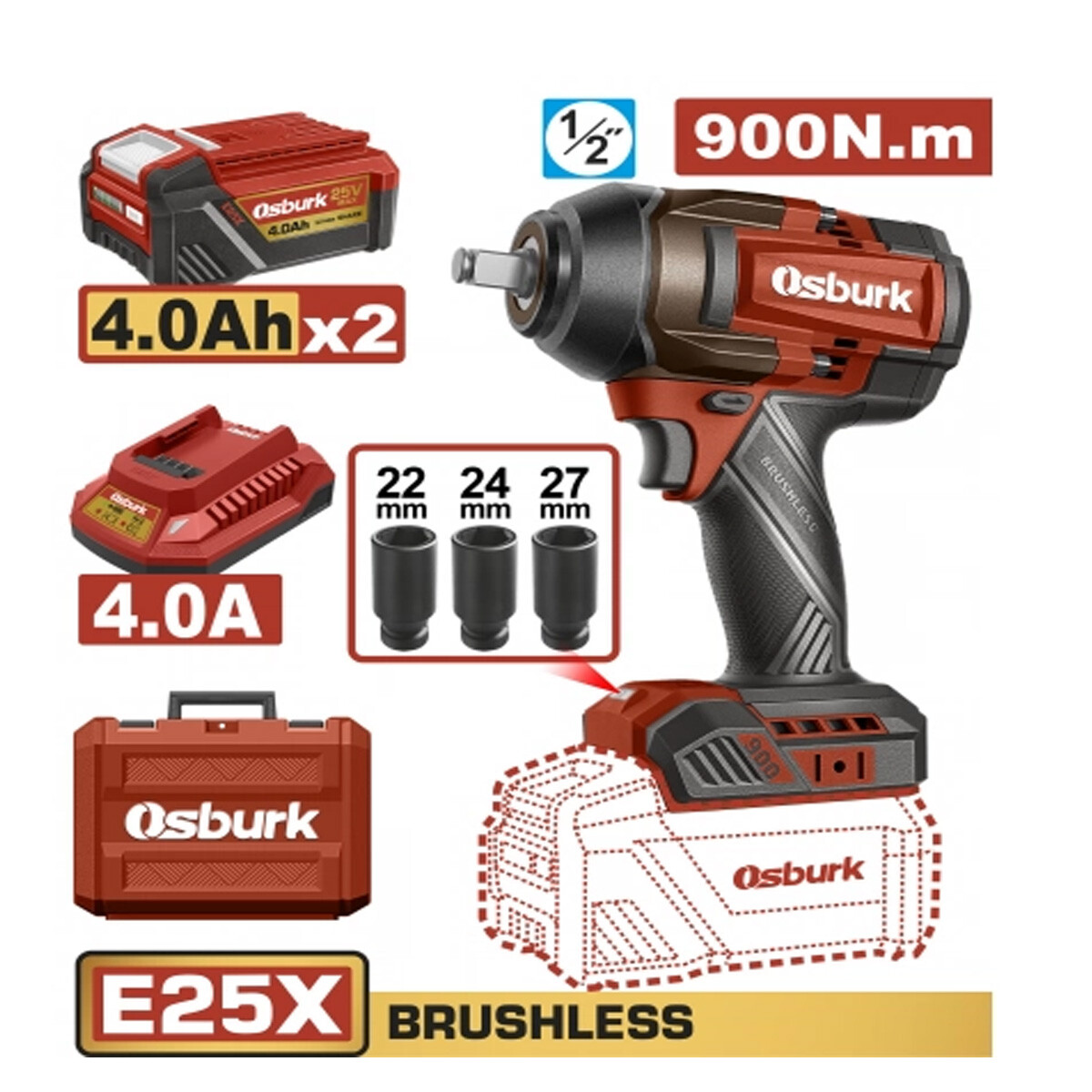 LLAVE DE IMPACTO A BATERIA 25V E25X 1/2 900NM + 2 BAT 4.0AH + CARGADOR + ACCESO 