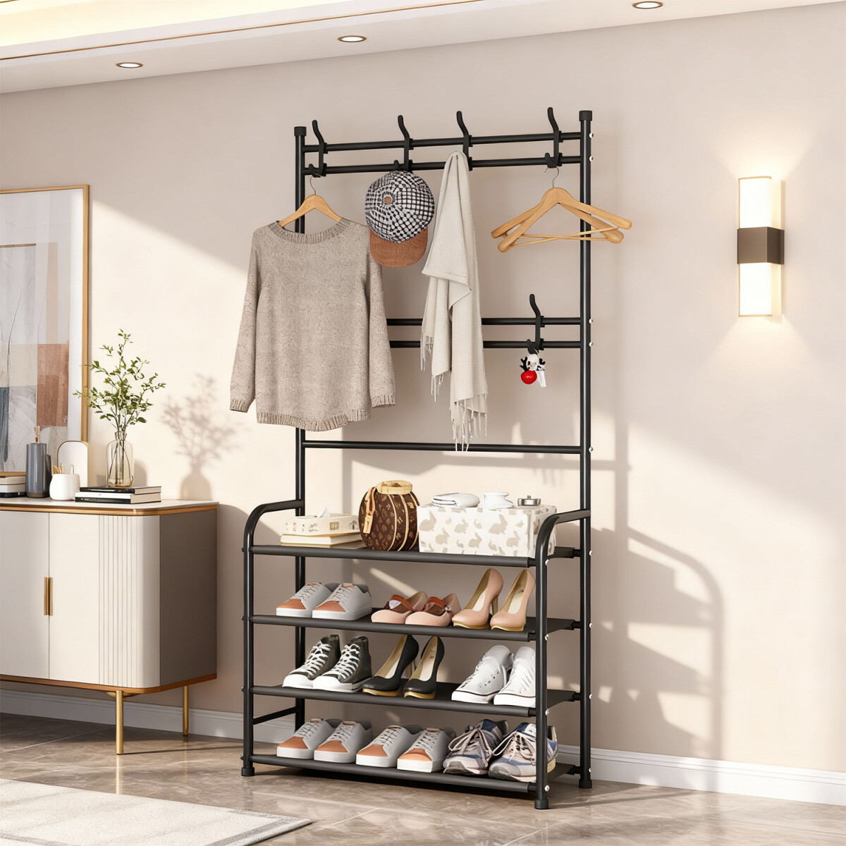 Perchero Organizador de Ropa y Zapatos Rack 6 Niveles Estantes y Ganchos IMBACK Color Negro 