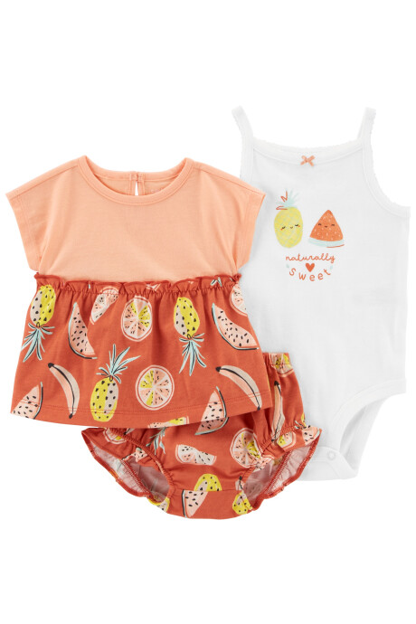 Set tres piezas short, remera y body de algodón diseño frutal Sin color