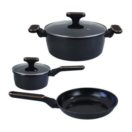 Juego de ollas linea premium black magic negro con detalles dorados Juego de ollas linea premium black magic negro con detalles dorados