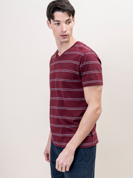 Camiseta a rayas con cuello en V Bordeaux