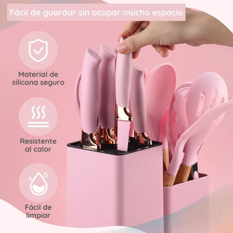 Set Cocina Menage 19Pz Utensillos Cuchillos Tabla c/Soporte Rosa