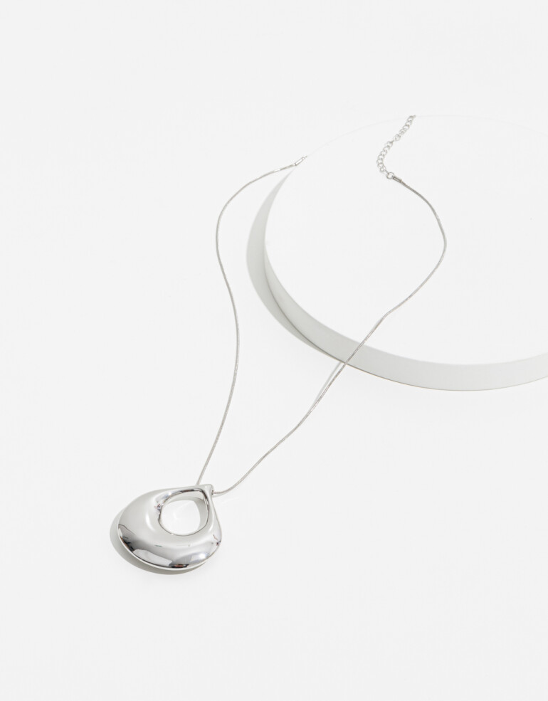 Collares Largos Metal Collar Con Dije Redondo - Plateado Rodio