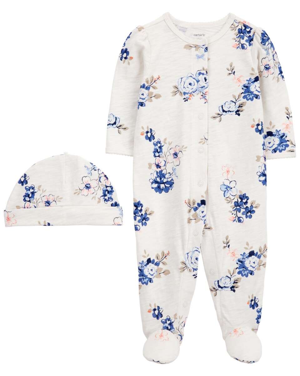 Pijama una pieza de algodón con pie y gorro, diseño floral 