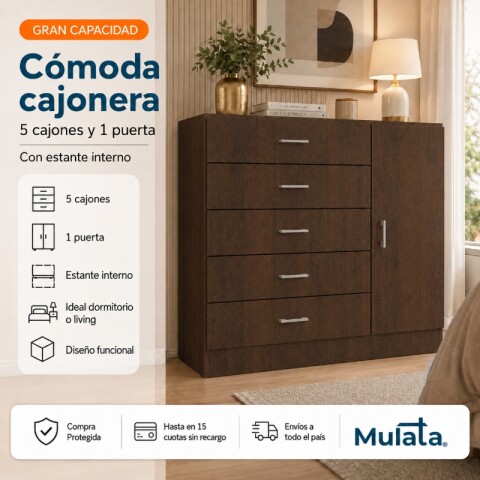 Comoda Cajonera para Dormitorio de 5 Cajones 1 Puerta y 1 Estante interno - FE - Marron Comoda Cajonera para Dormitorio de 5 Cajones 1 Puerta y 1 Estante interno - FE - Marron