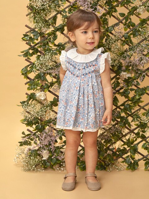Vestido De Florecitas Con Nido De Abeja Azul Claro