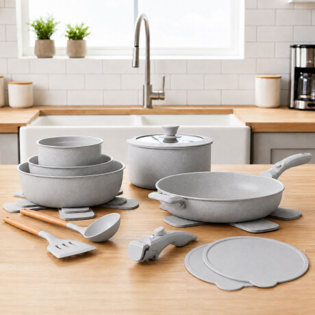 Set Ollas 17 Piezas Antiadherentes Mango Extraible Gris