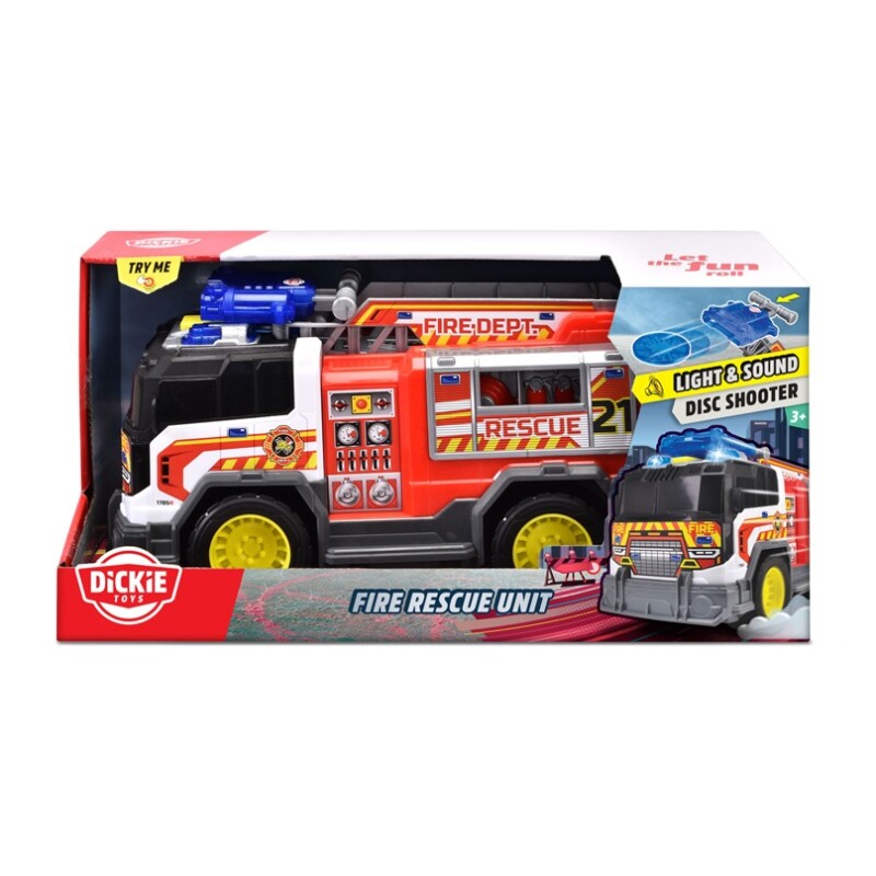 Camión de Bomberos Dickie 30 cm con Luz y Sonido DICKIE CAMION DE BOMBEROS RUEDA LIBRE, LUZ, SONIDO, ESCALERA PLEGABLE, PUERTA LATERAL ABATIBLE, LANZADOR DE DISCOS, PALAS LATERA