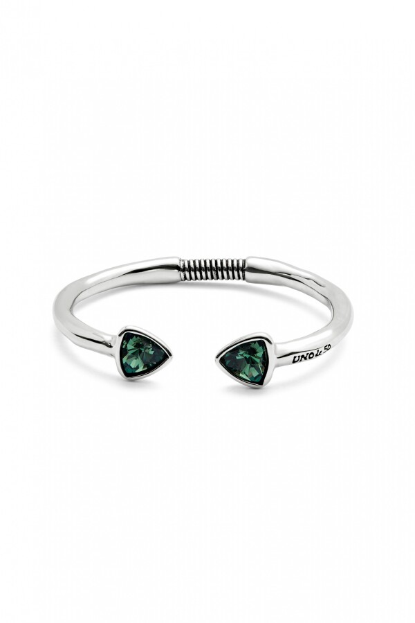 PULSERA RÍGIDA DE ALEACIÓN DE METALES BAÑADA EN PLATA DE LEY CON DOS CRISTALES FACETADOS VERDES Pulsera