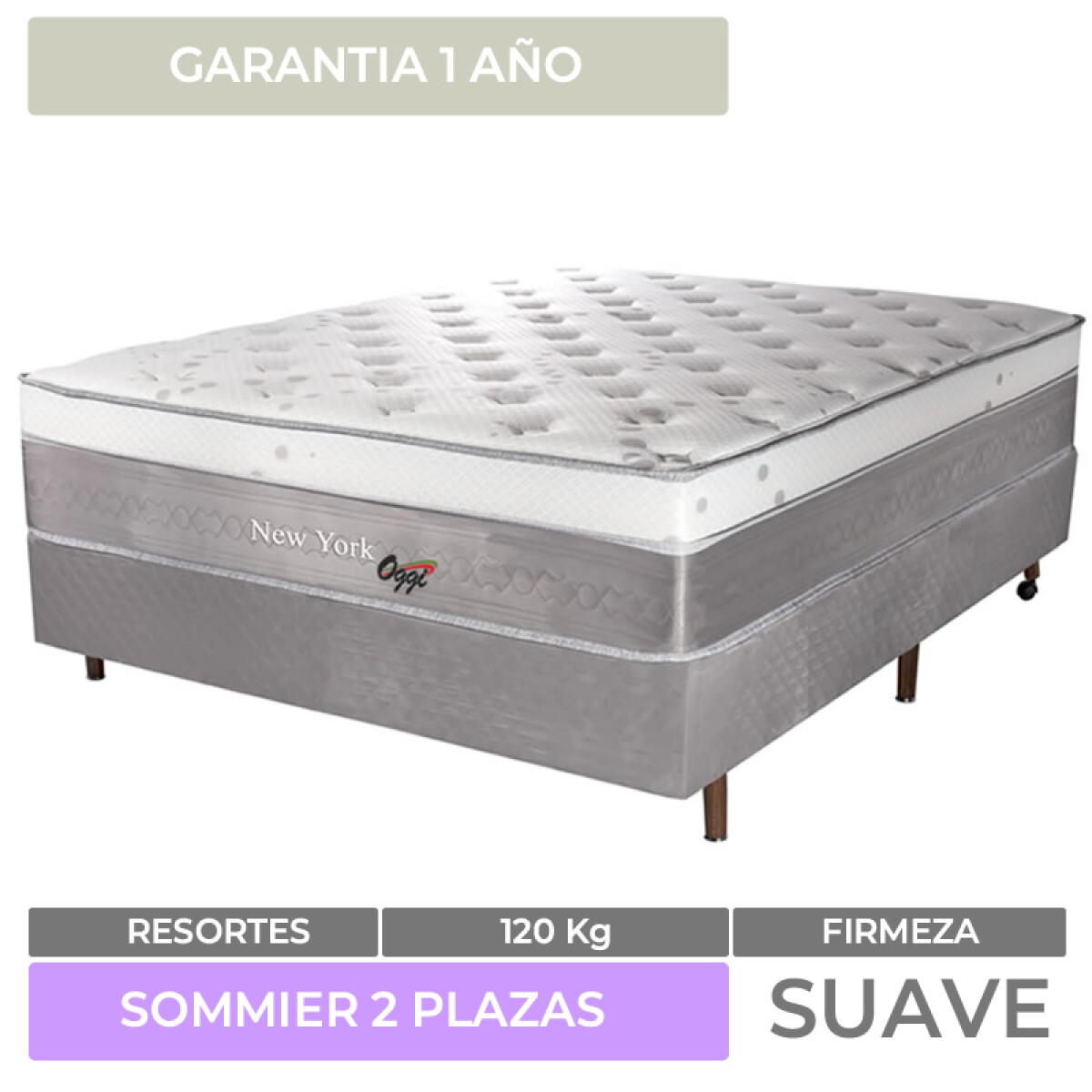 DOS PLAZAS + BOX - Conjunto de Sommier y Colchón Resortes 2 plazas New York Premium 138x188x64 120K 