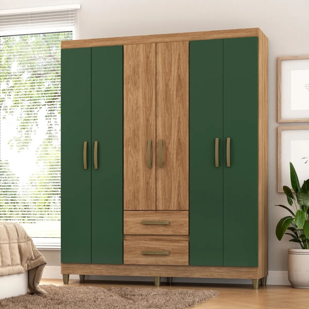 ROPERO 6 PUERTAS 2 CAJONES GUARDARROPA ARMARIO CLÓSET PLACARD MADERA VERDE