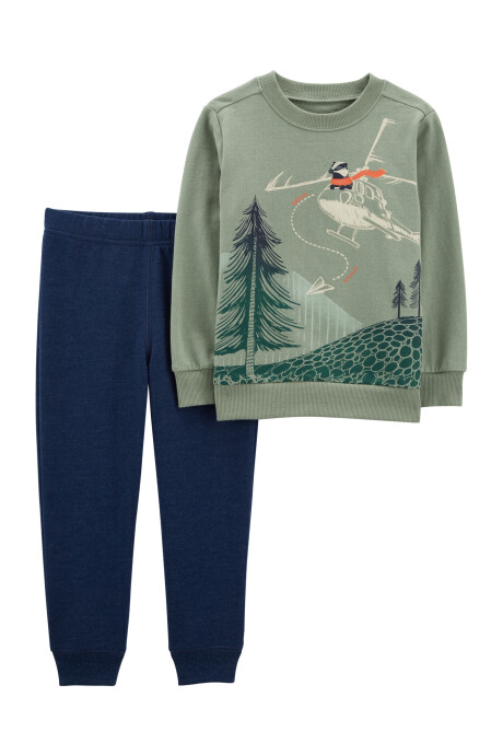 Set dos piezas pantalón y buzo de algodón estampa helicóptero Sin color