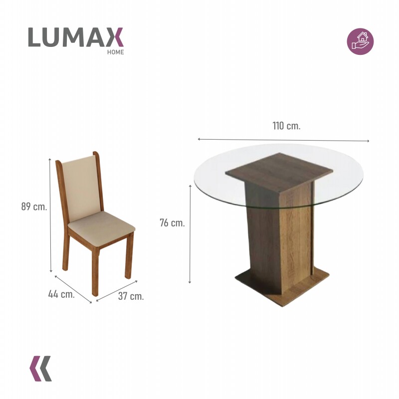 Juego de comedor con mesa redonda de vidrio y 4 sillas rústicas Beige