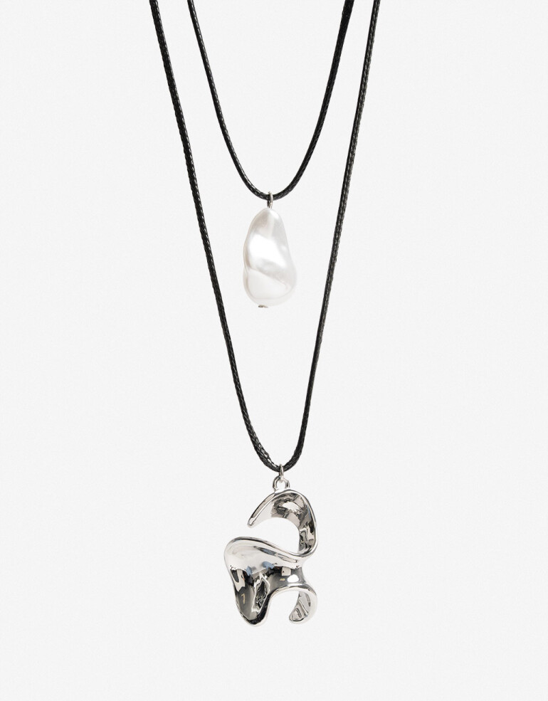 Collares Largos Perlas Set De Collares Metal Y Perla - Plateado Rodio