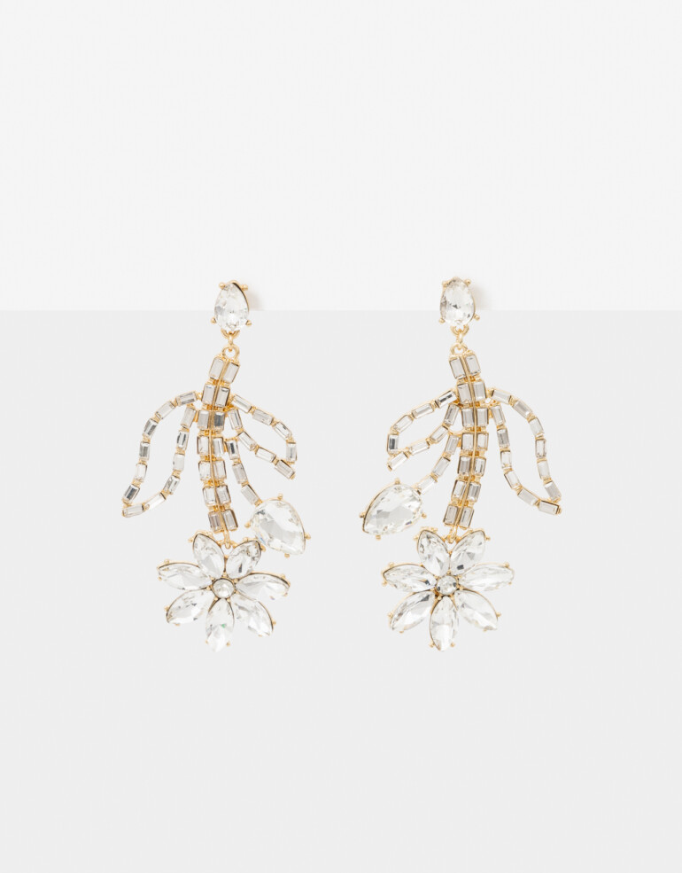 Aros Colgantes Largos Strass Aros Largos Flor De Strass - Dorado