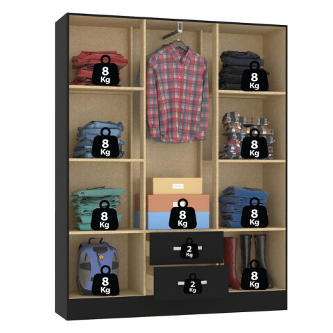 Ropero Armario 6 puertas 2 cajones con estantes y perchero 170 x 134 x 36 cm - Negro Ropero Armario 6 puertas 2 cajones con estantes y perchero 170 x 134 x 36 cm - Negro