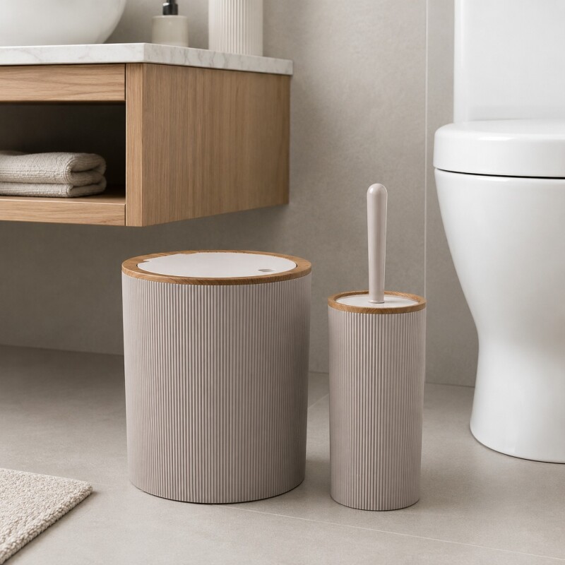 Set Papelera y Cepillo para Baño Plastico - Beige Set Papelera y Cepillo para Baño Plastico - Beige