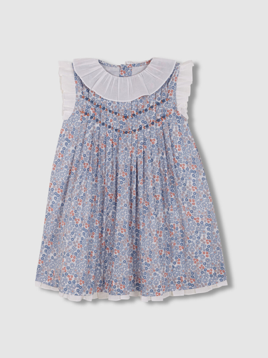 Vestido De Florecitas Con Nido De Abeja Azul Claro