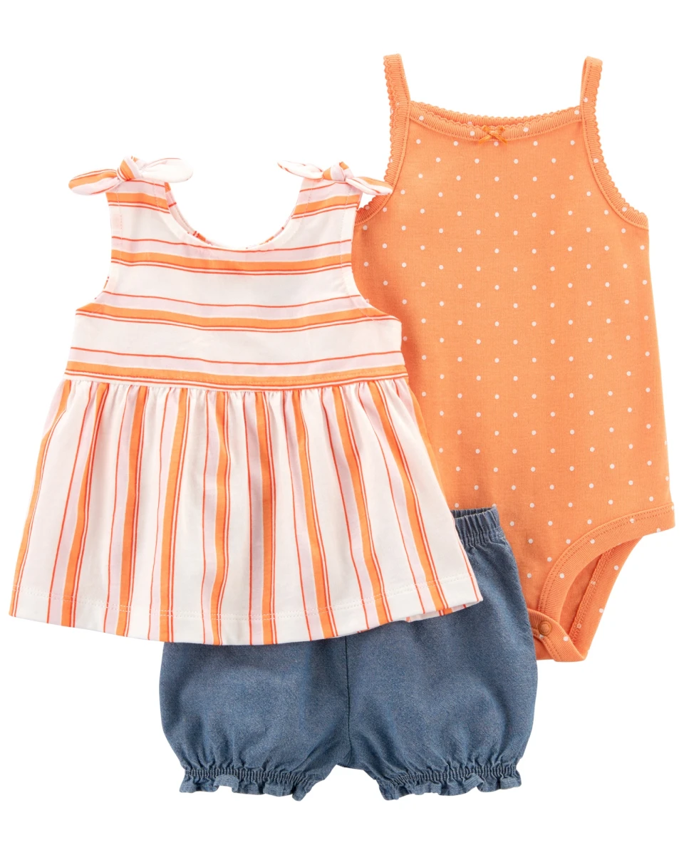 Set tres piezas short jean, musculosa y body de algodón 