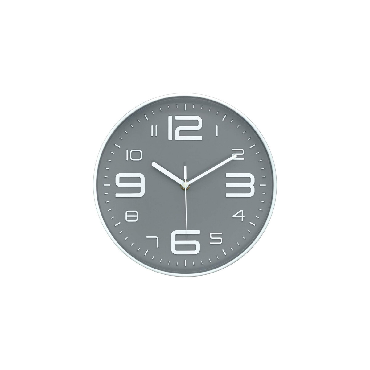 Reloj de pared 22 cm diámetro borde blanco fondo gris 