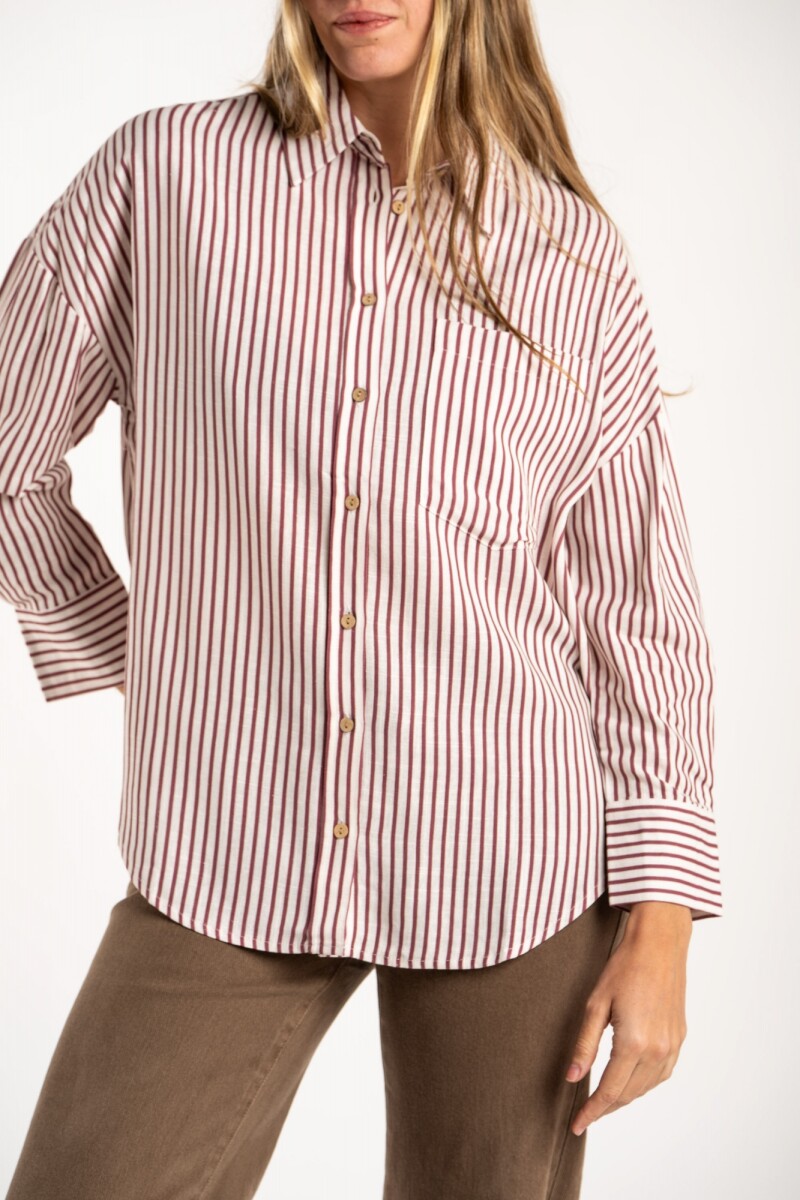 Camisa Rayada Con Lino - Burdeos 