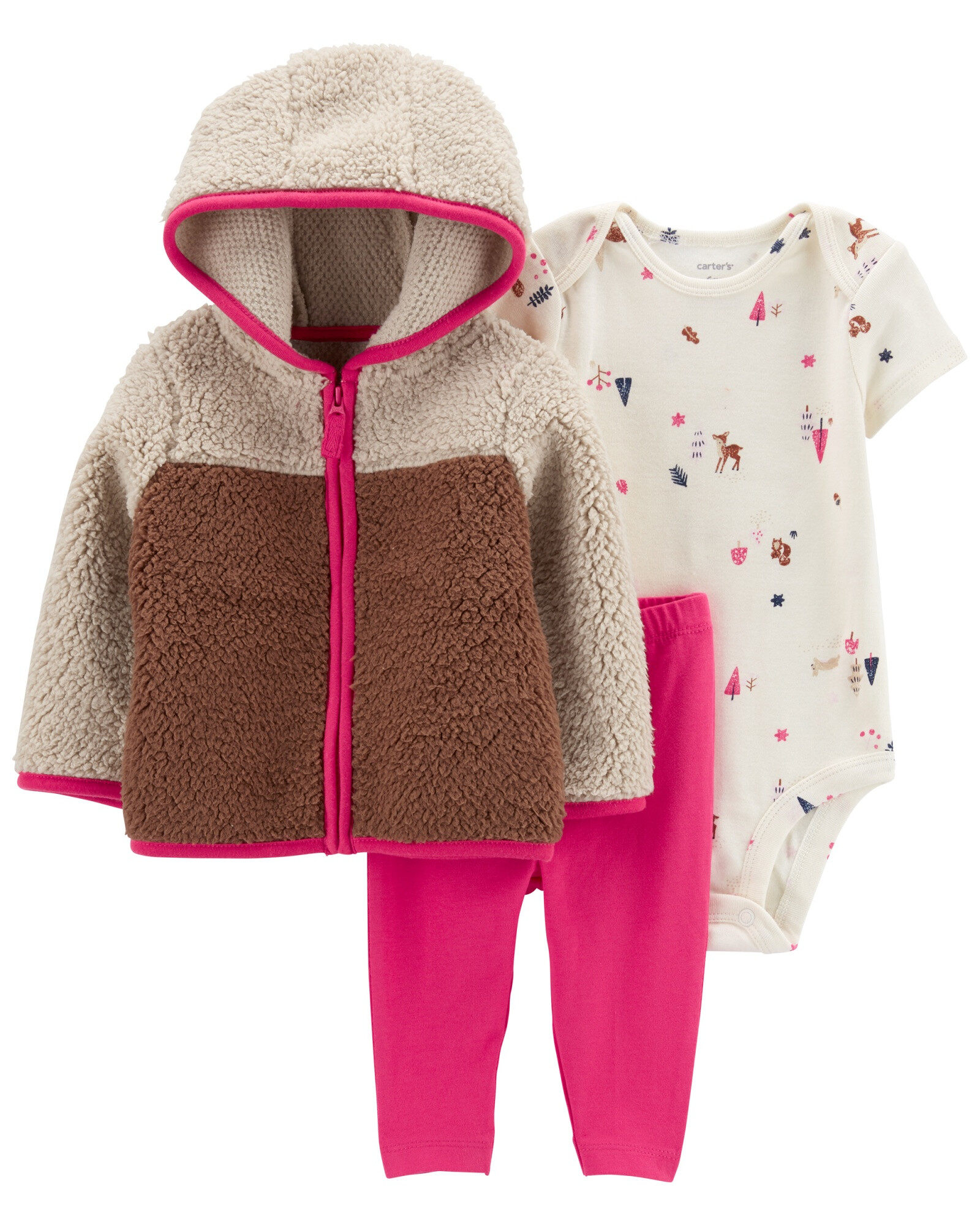 Set tres piezas campera de sherpa con capucha, calza y body manga corta de algodón 0