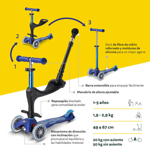 Monopatín 3 en 1 Micro Deluxe LED Ajustable con 3 Ruedas AZUL