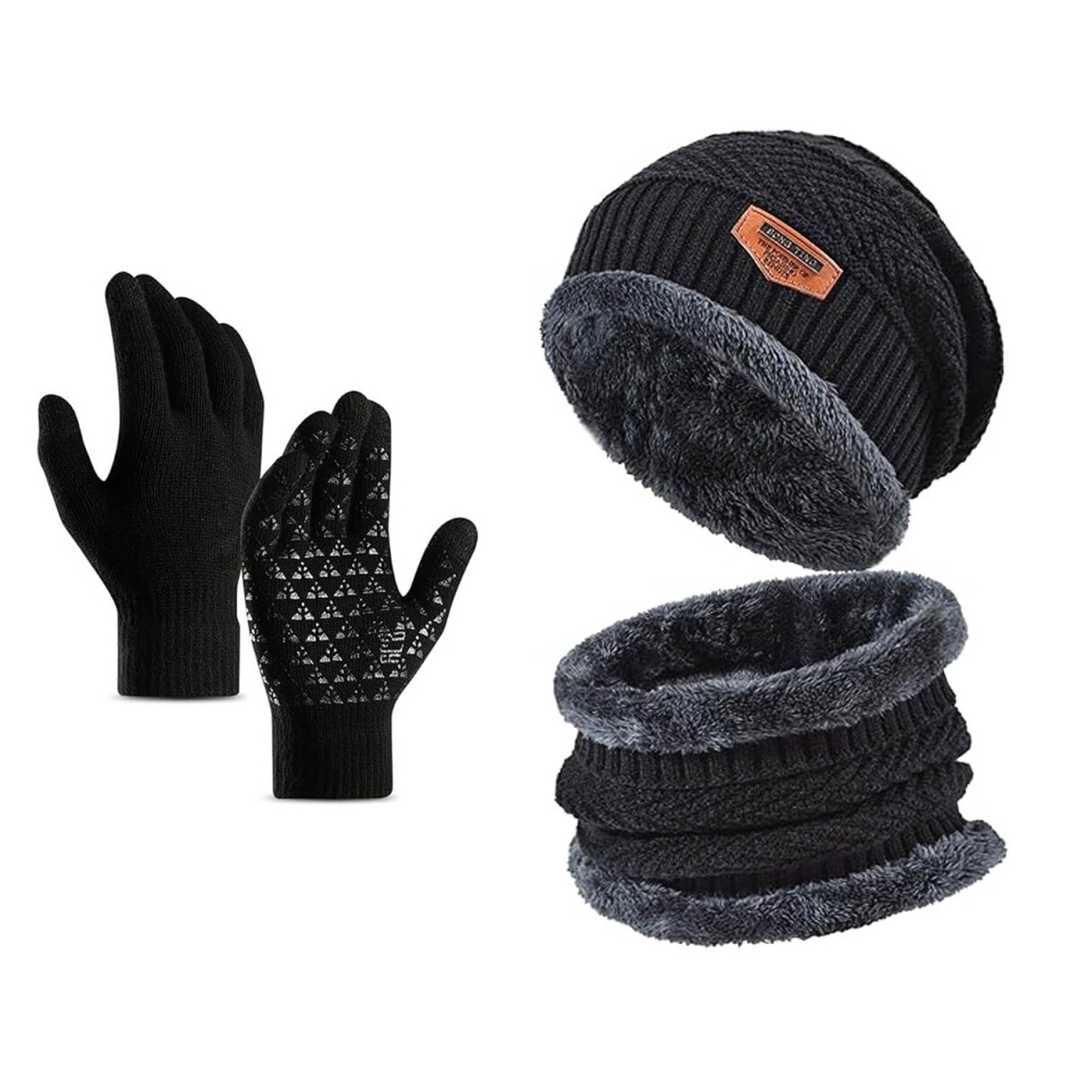 Kit Set Invierno Gorro Bufanda Cuello Guantes Abrigo Unisex ® - Color Variante Negro 