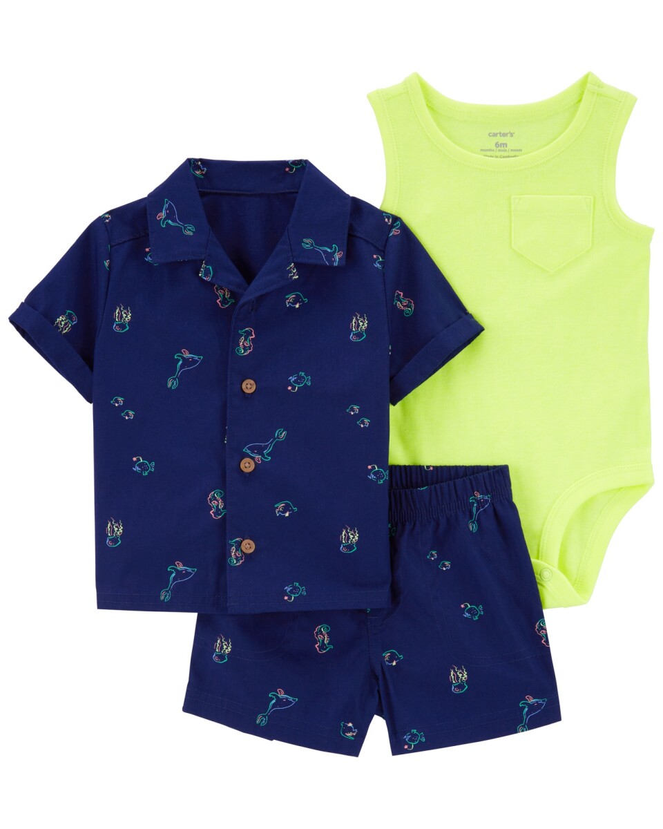 Set tres piezas de algodón, short, camisa y body diseño animales marinos 