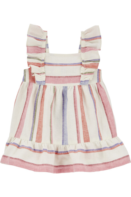 Vestido de lino ecovero, con volados, diseño a rayas Sin color