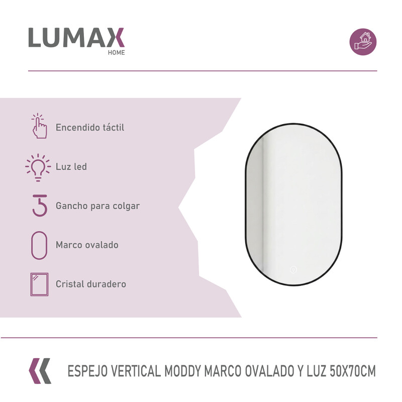 Espejo Vertical Lumax Moddy Marco Ovalado y Luz Led 50x70cm Negro