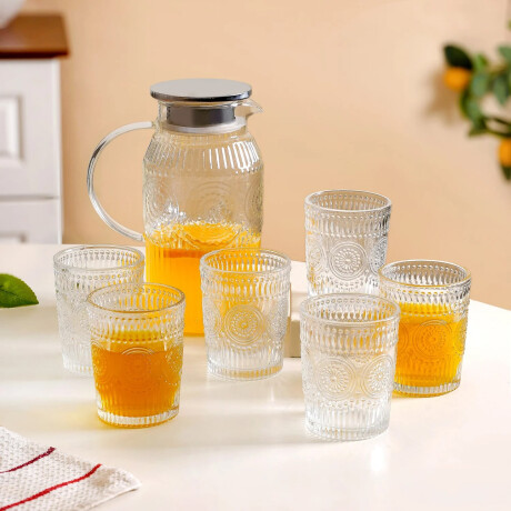 Set Jarra Vidrio + 6 Vasos Labrados Vintage Transparente