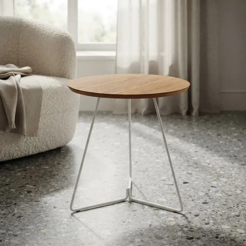 MESA LATERAL REDONDA - TAPA DE MADERA COLOR MIEL Y PIE EN METAL BLANCO MESA LATERAL REDONDA - TAPA DE MADERA COLOR MIEL Y PIE EN METAL BLANCO
