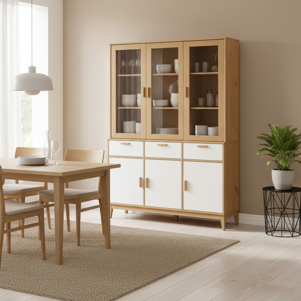 CRISTALERO 6 PUERTAS 3 CAJONES APARADOR MODULAR EN MADERA MACIZA BLANCO