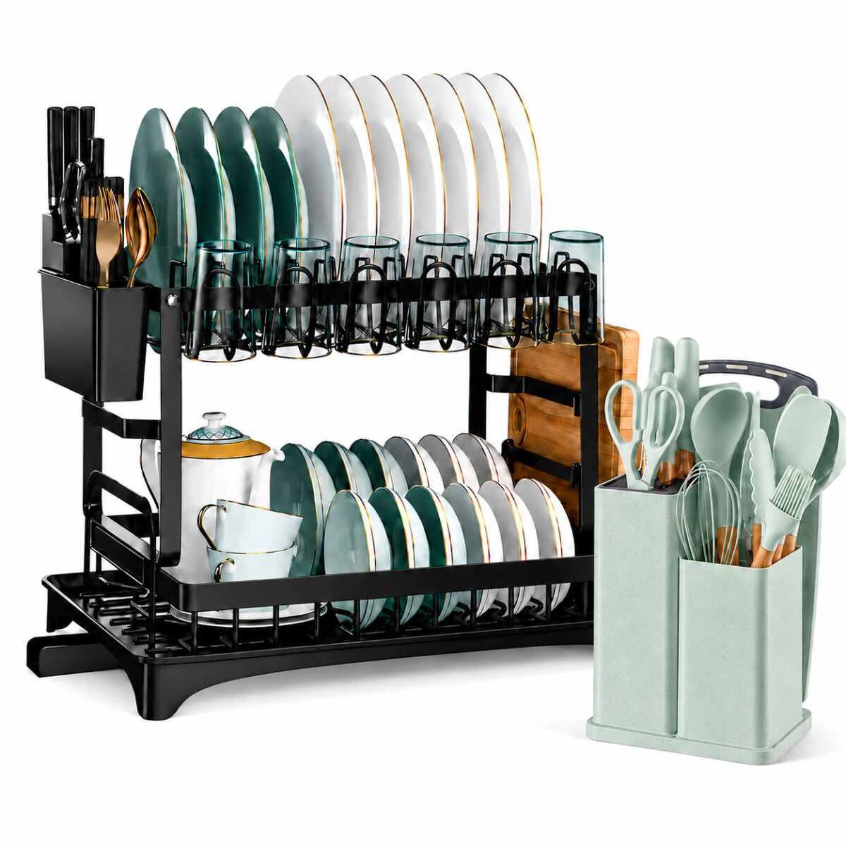 Set Utensilios Cocina 19Pz + Escurridor 2Niv Acero Inox - Verde Claro 