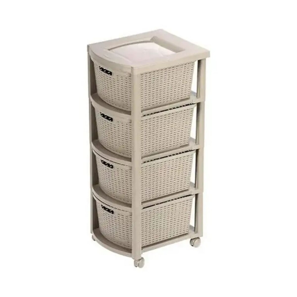 Cajonero Rimax Plastico Rattán Taupe 4 cajones, estante y ruedas Blanca 