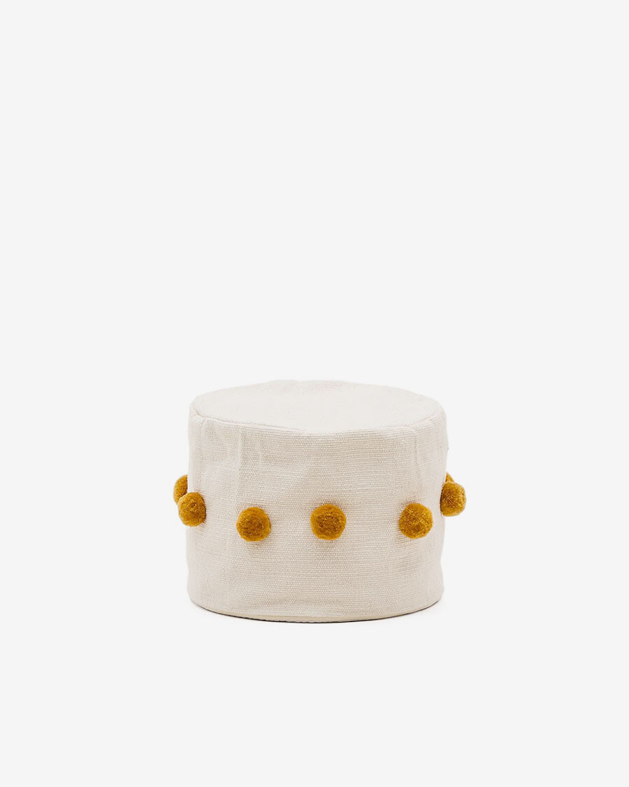 Puf Manua de algodón beige con borlas mostaza Ø 40 cm