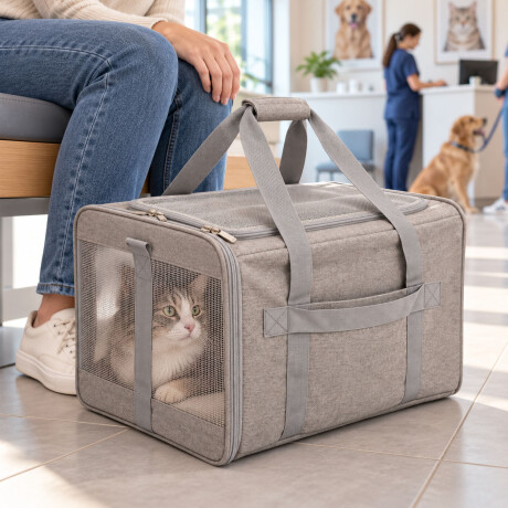 Bolso Transportador Mascotas Ventilado Base Corderito Gris Claro